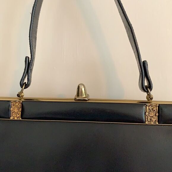 Vtg 60s dark navy snap top arm bag - Picture 2 of 8